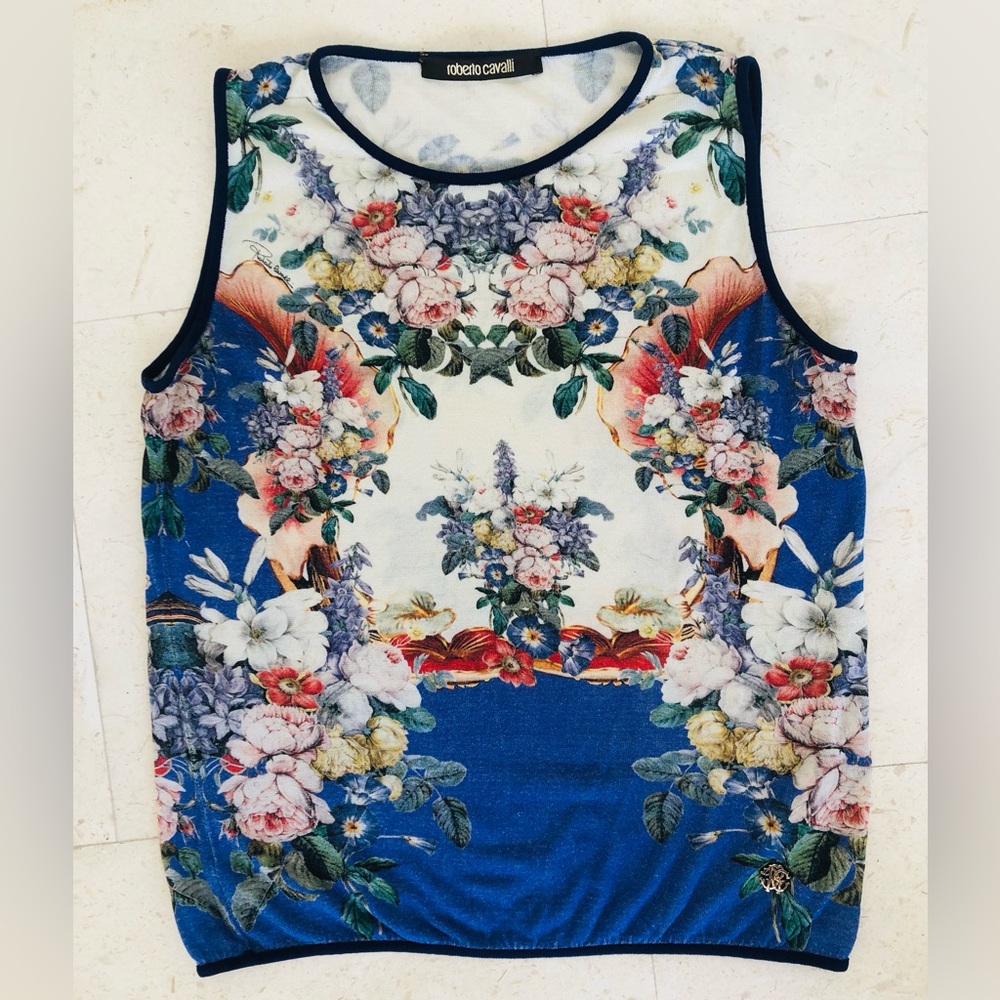 Roberto Cavalli Blue and Multicolored Floral Sleeveless  Top. Size 38